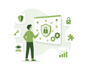 Ilustración de un especialista protegiendo con un escudo los sistemas conectados de una empresa, ciberseguridad en sistemas empresariales