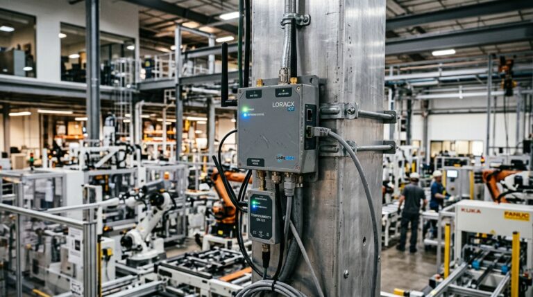 Gateway LoRaWAN y sensor industrial para telemetría predictiva con IA